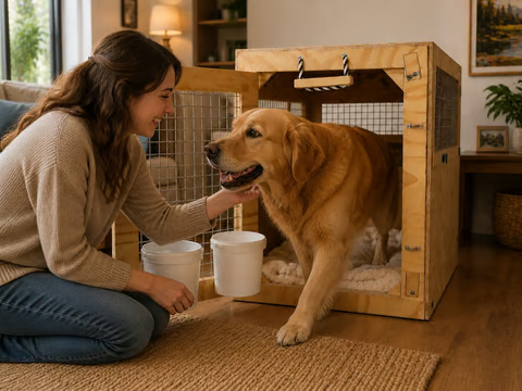 Woman with a golden retriever beside a wooden travel crate — professional pet relocation care.