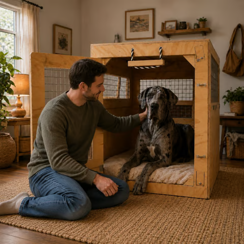 Man with large grey dog inside a wooden travel crate — large-dog relocation service