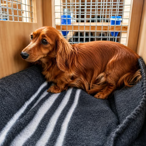 Dachshund lying comfortably inside a wooden travel crate — small-dog crate travel comfort