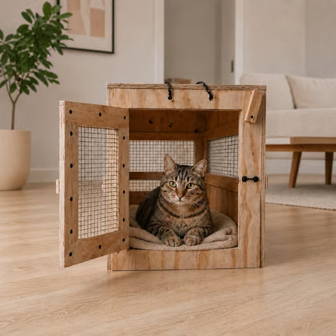 Cat sitting inside a wooden travel crate — cat relocation service