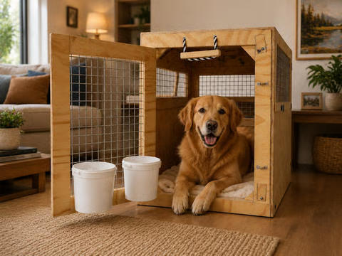 Golden retriever sitting inside a wooden crate with white water buckets — premium pet travel crate preparation